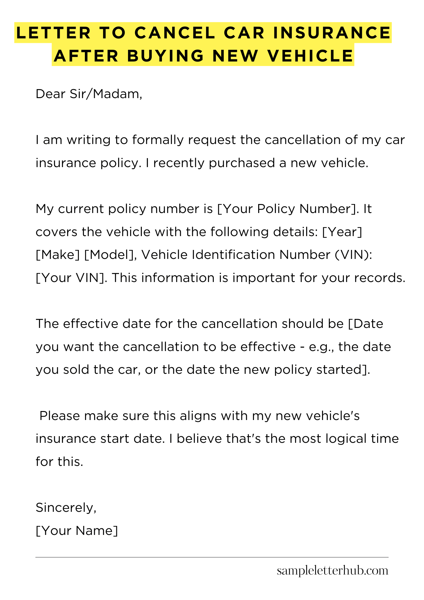 Letter to Cancel Car Insurance After Buying New Vehicle