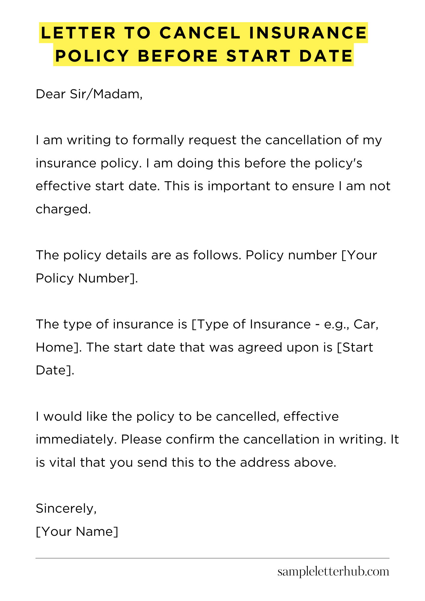 Letter to Cancel Insurance Policy Before Start Date