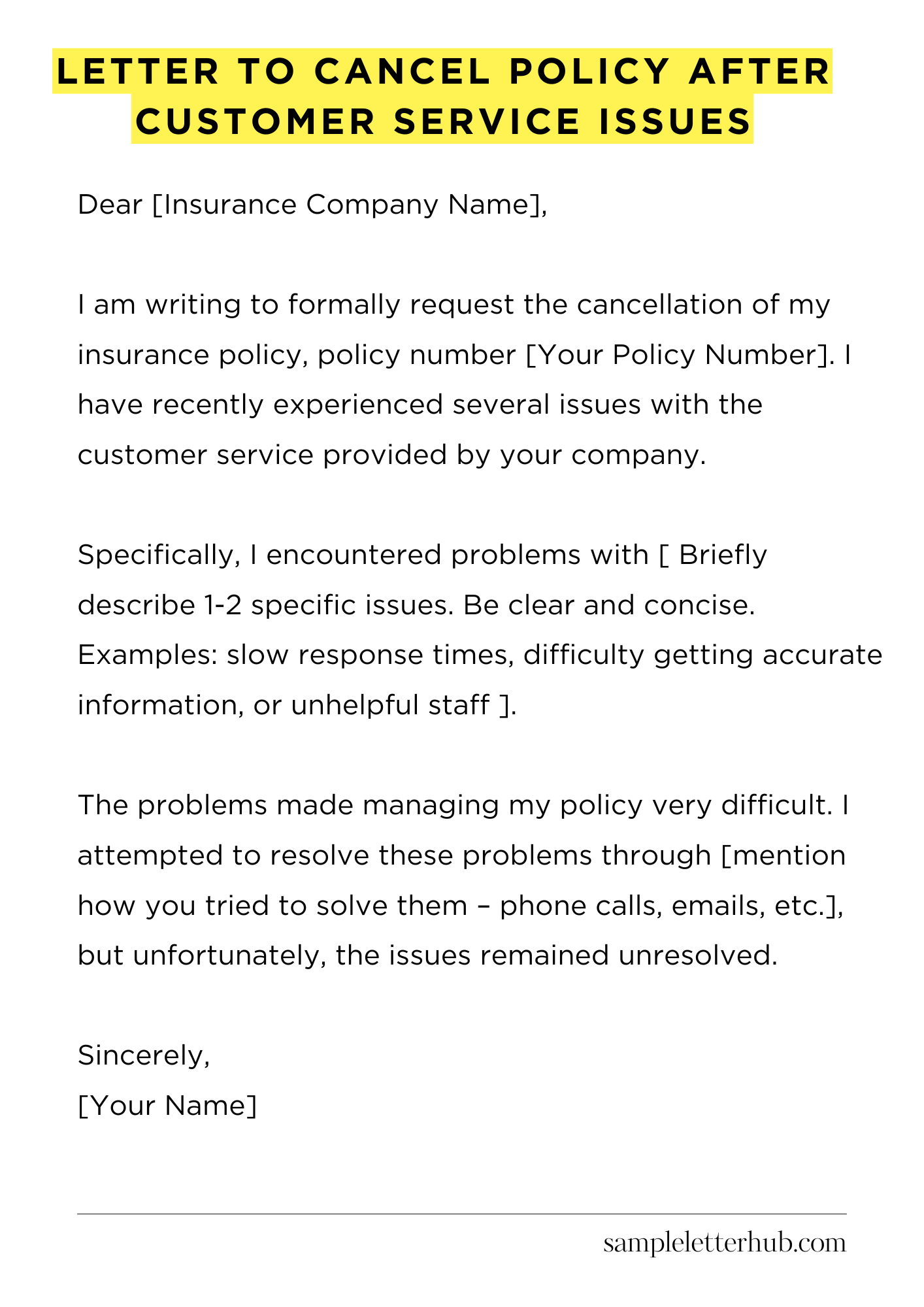 Letter to Cancel Policy After Customer Service Issues