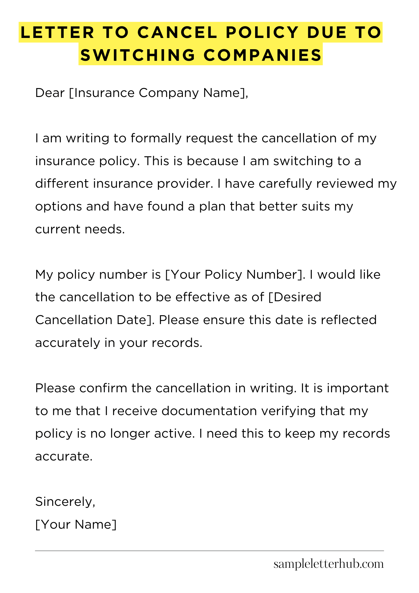 Letter to Cancel Policy Due to Switching Companies