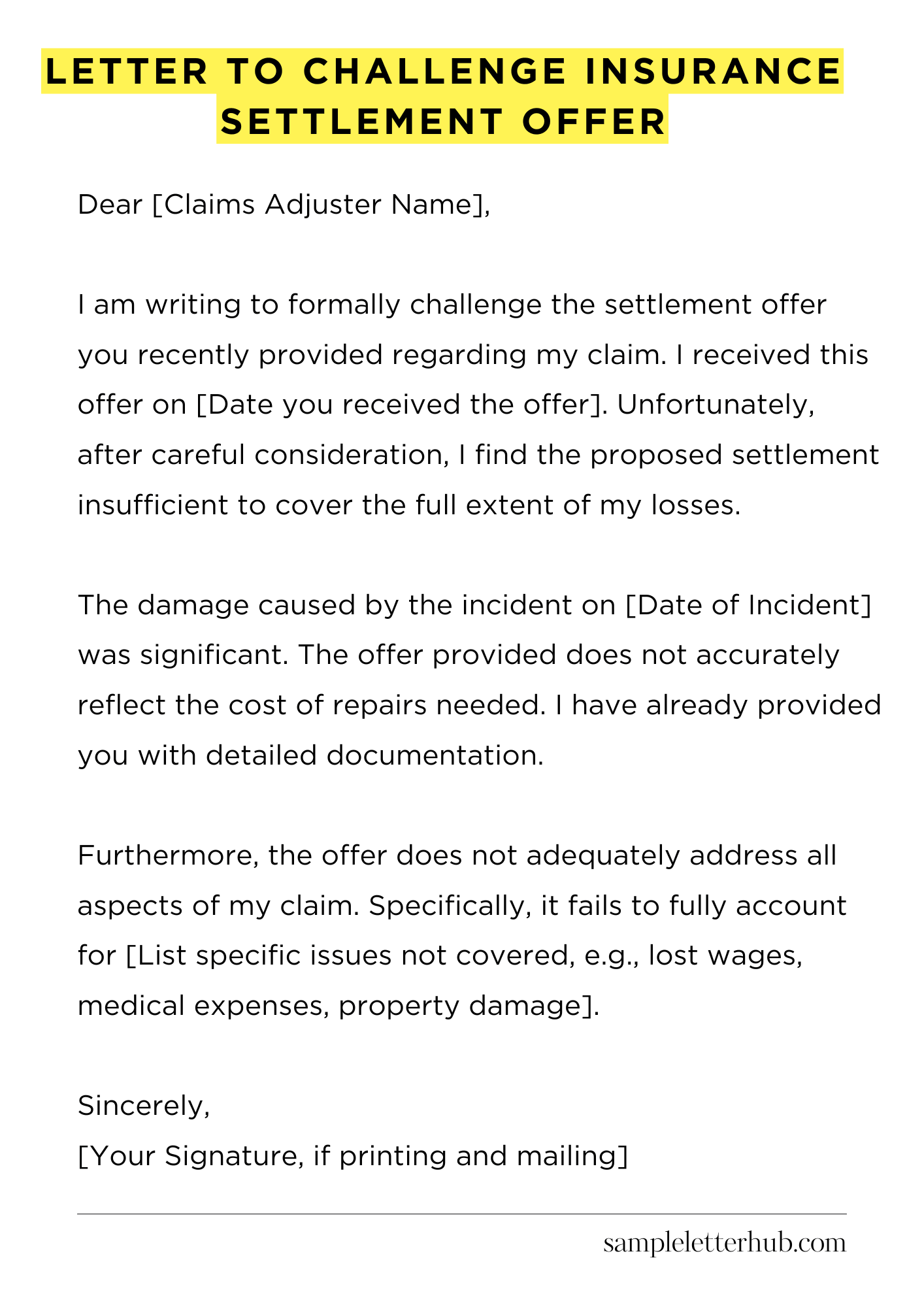 Letter to Challenge Insurance Settlement Offer