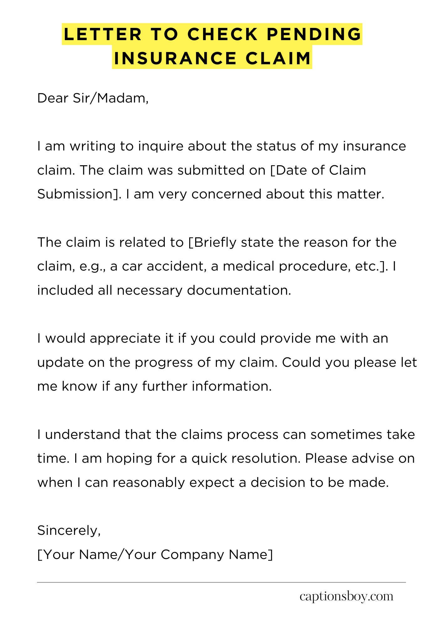 Letter to Check Pending Insurance Claim