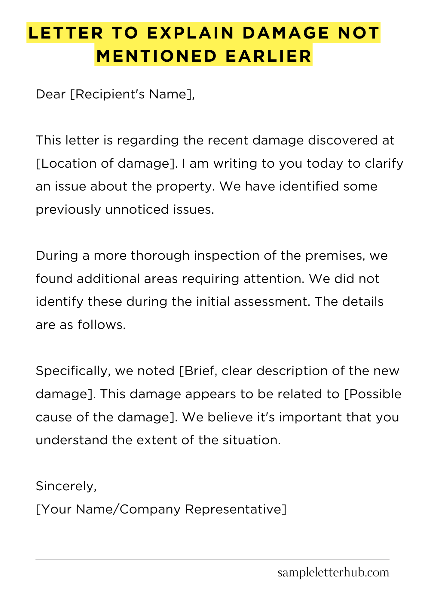 Letter to Explain Damage Not Mentioned Earlier