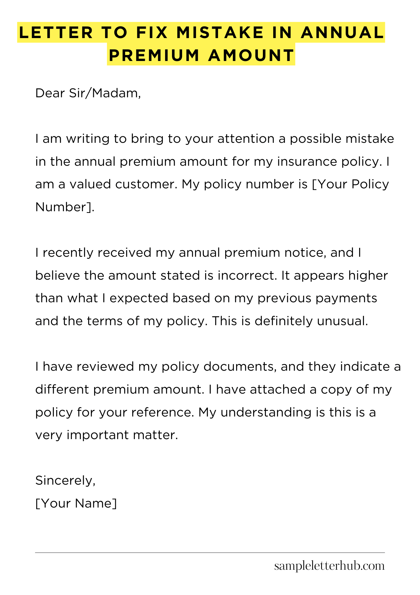 Letter to Fix Mistake in Annual Premium Amount