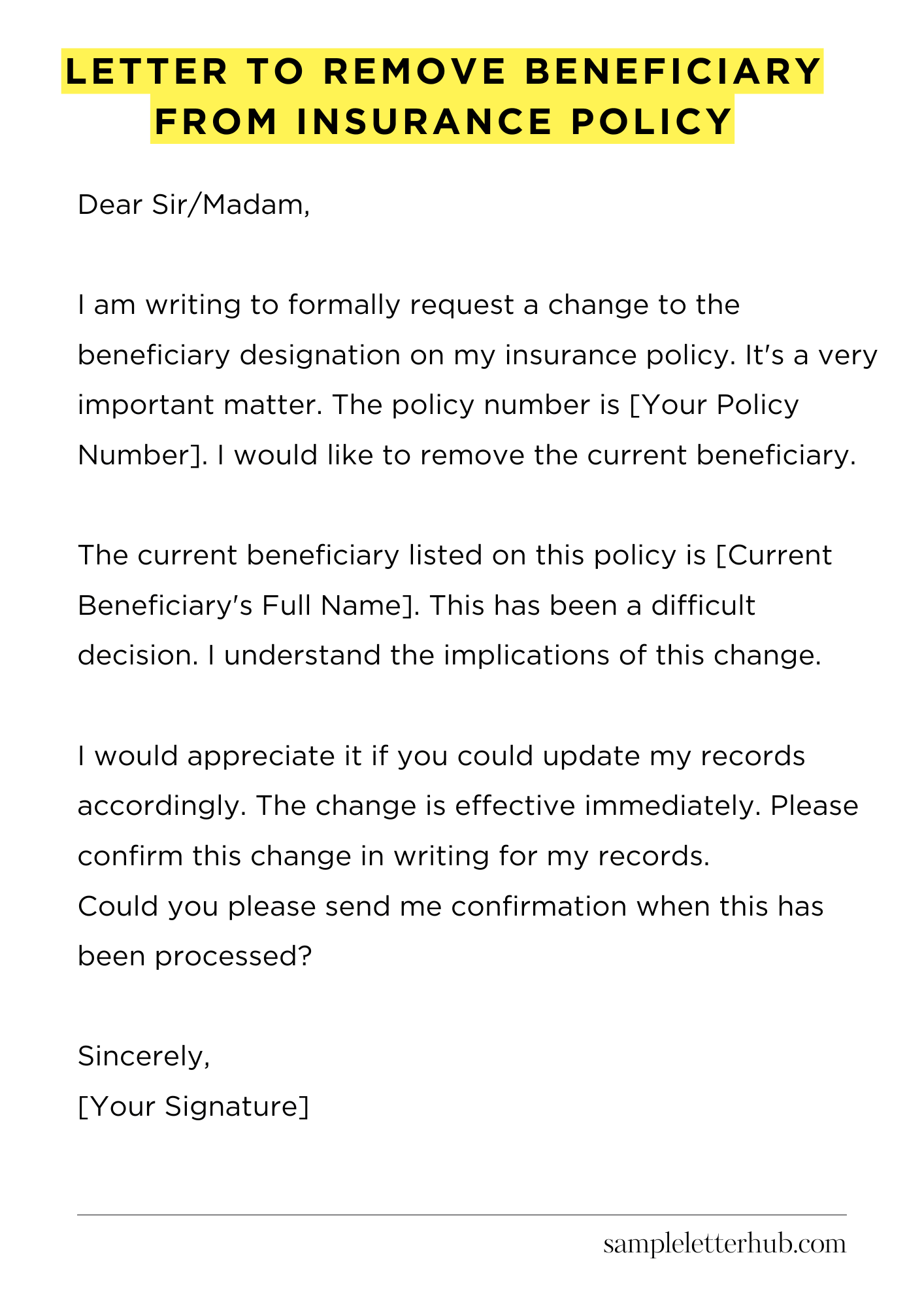 Letter to Remove Beneficiary from Insurance Policy