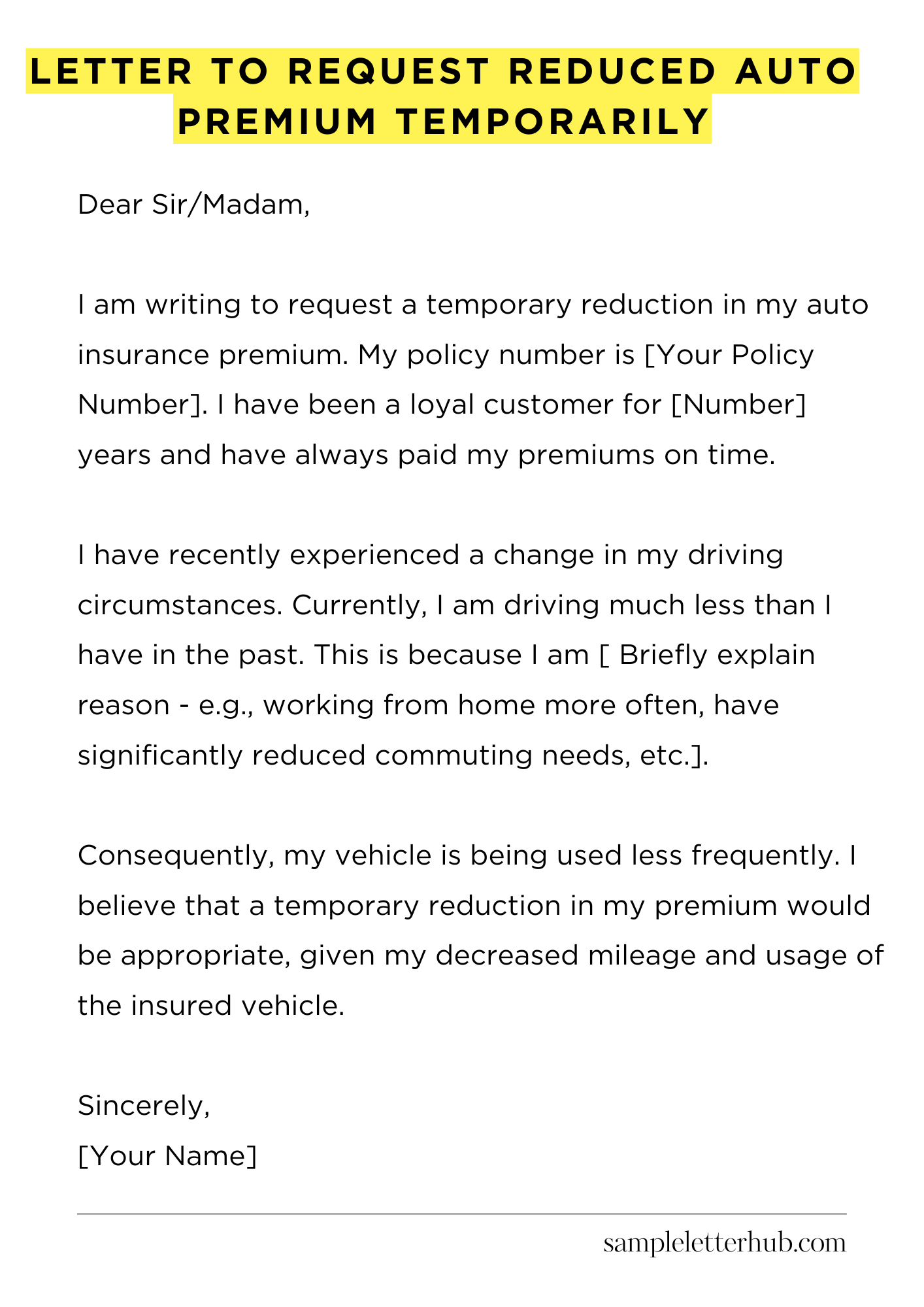 Letter to Request Reduced Auto Premium Temporarily