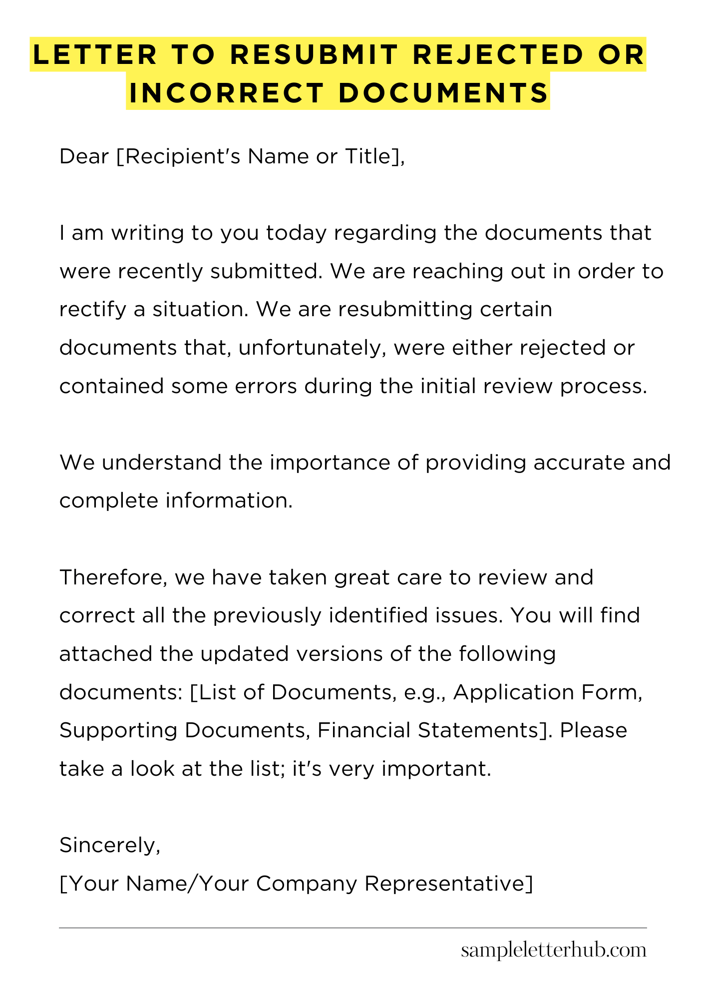 Letter to Resubmit Rejected or Incorrect Documents