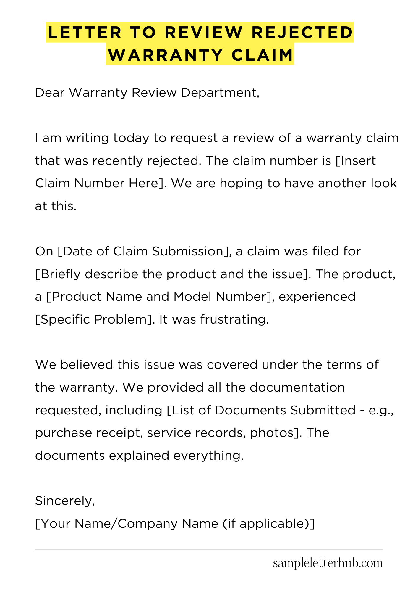 Letter to Review Rejected Warranty Claim