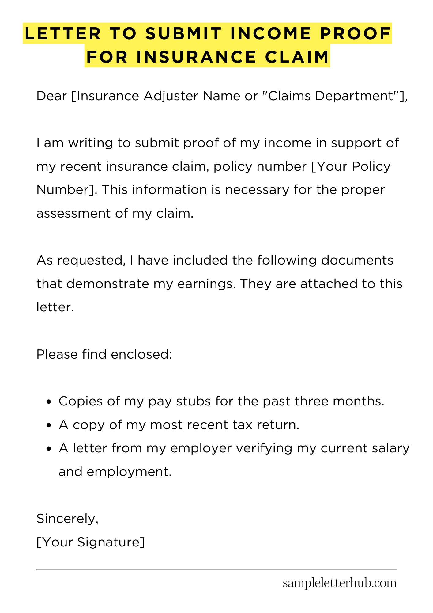 Letter to Submit Income Proof for Insurance Claim