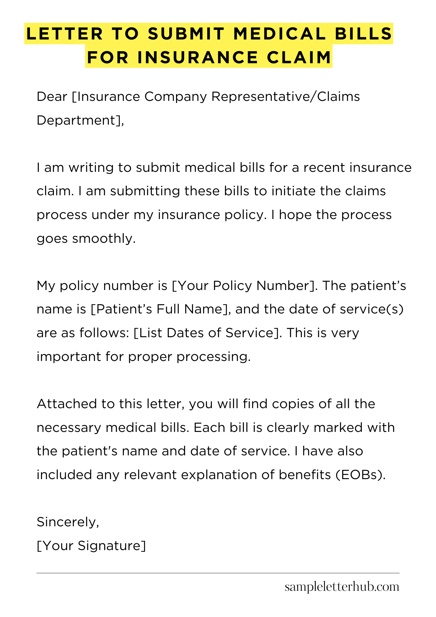 Letter to Submit Medical Bills for Insurance Claim