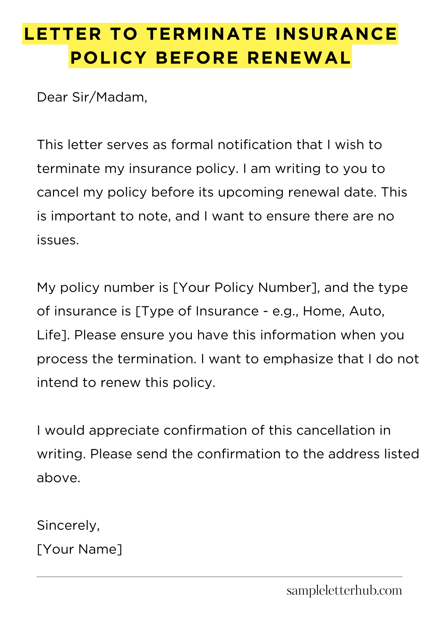 Letter to Terminate Insurance Policy Before Renewal