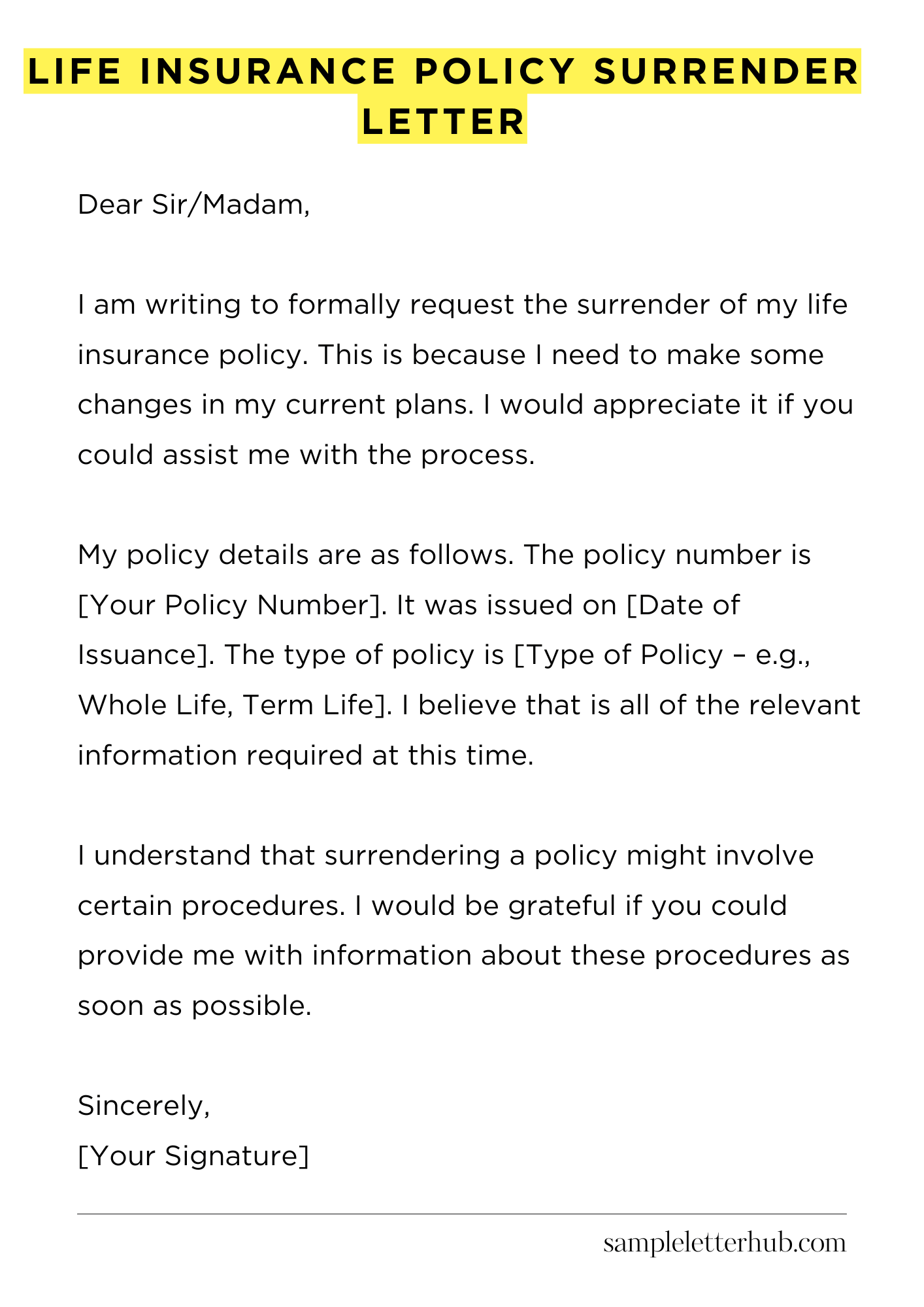 Life Insurance Policy Surrender Letter