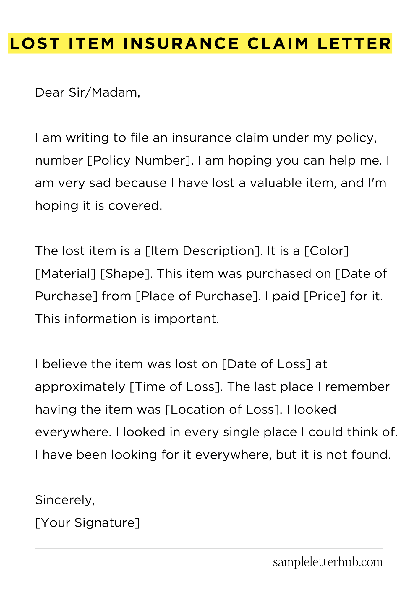 Lost Item Insurance Claim Letter