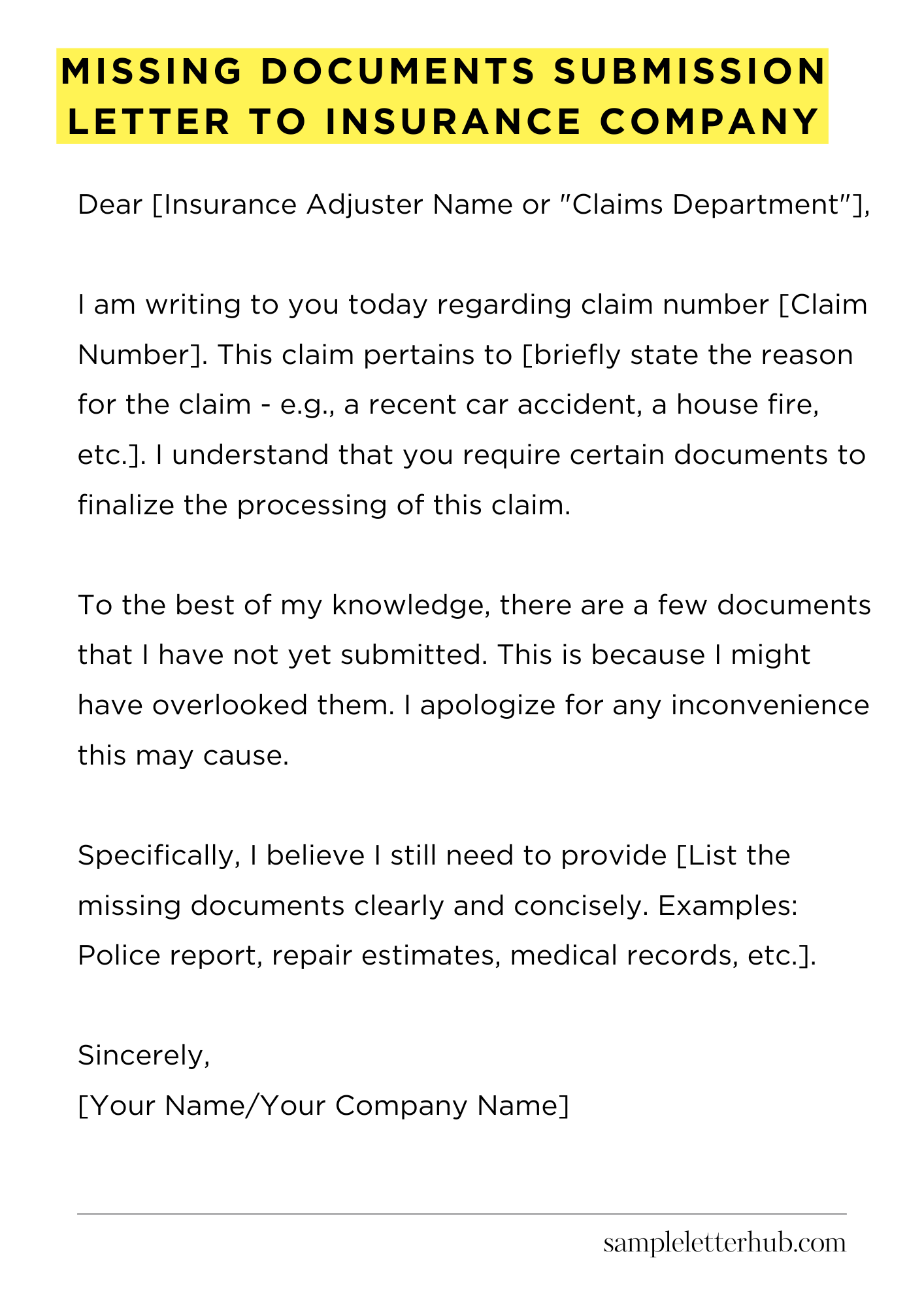 Missing Documents Submission Letter to Insurance Company