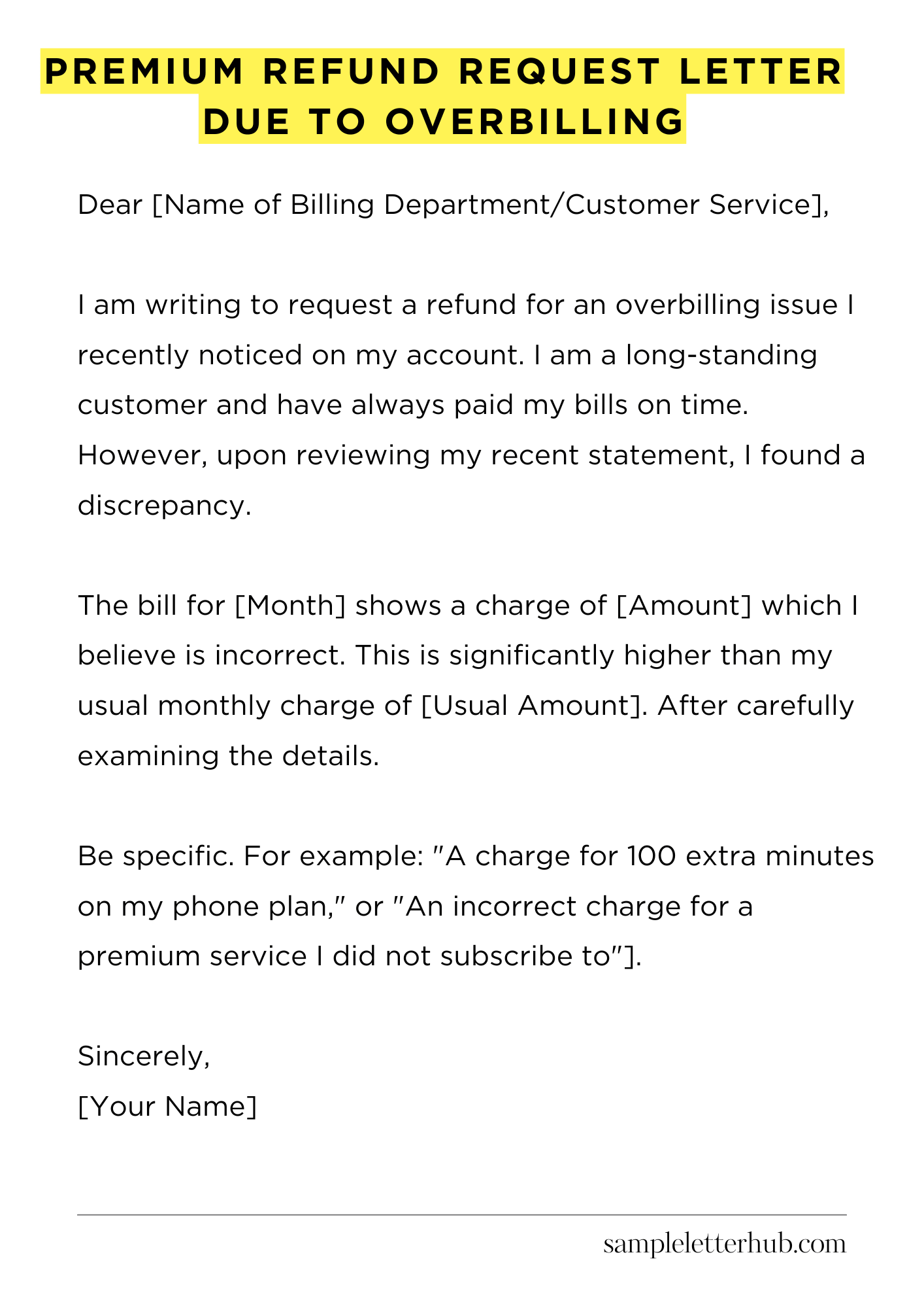 Premium Refund Request Letter Due to Overbilling