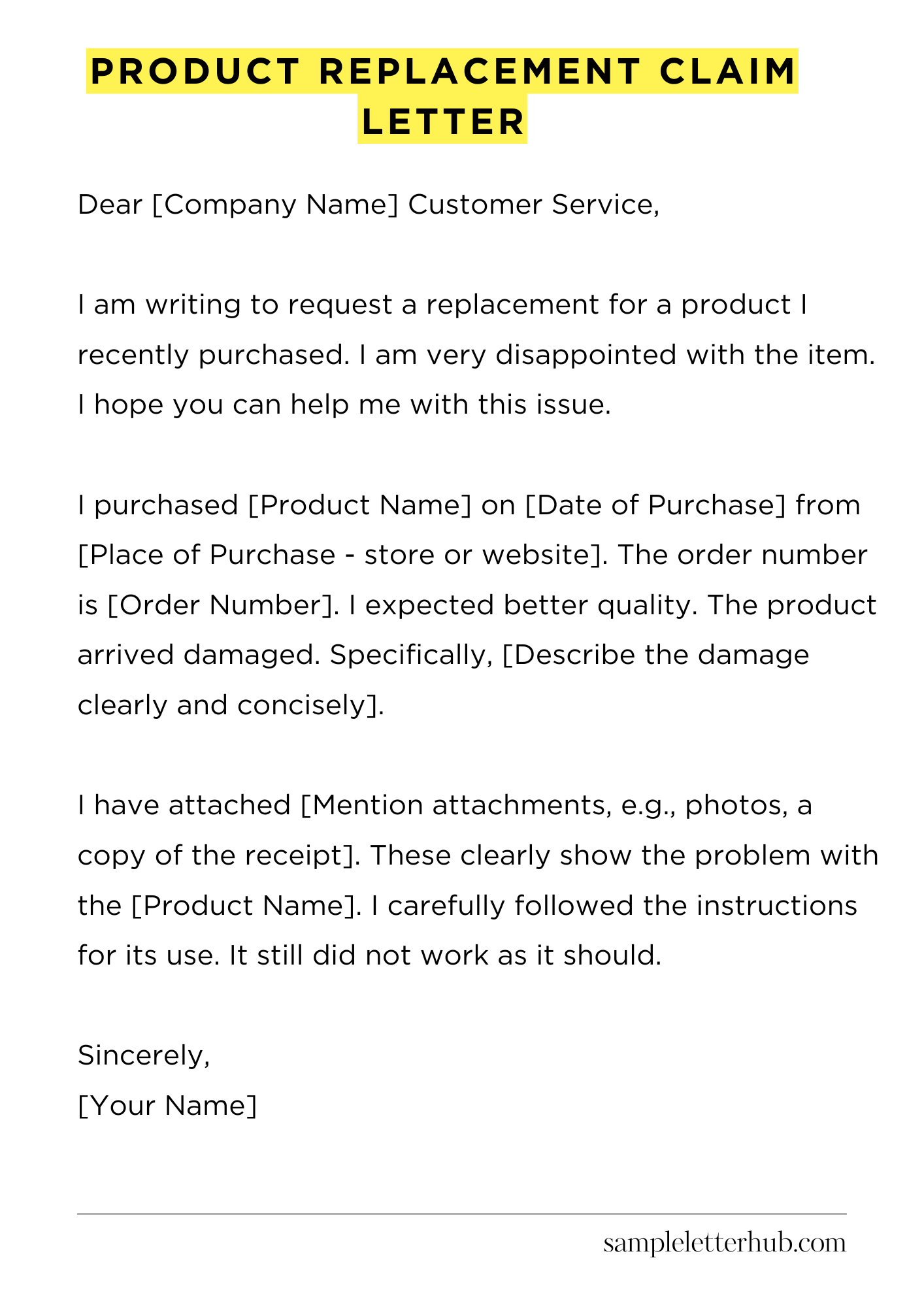 Product Replacement Claim Letter