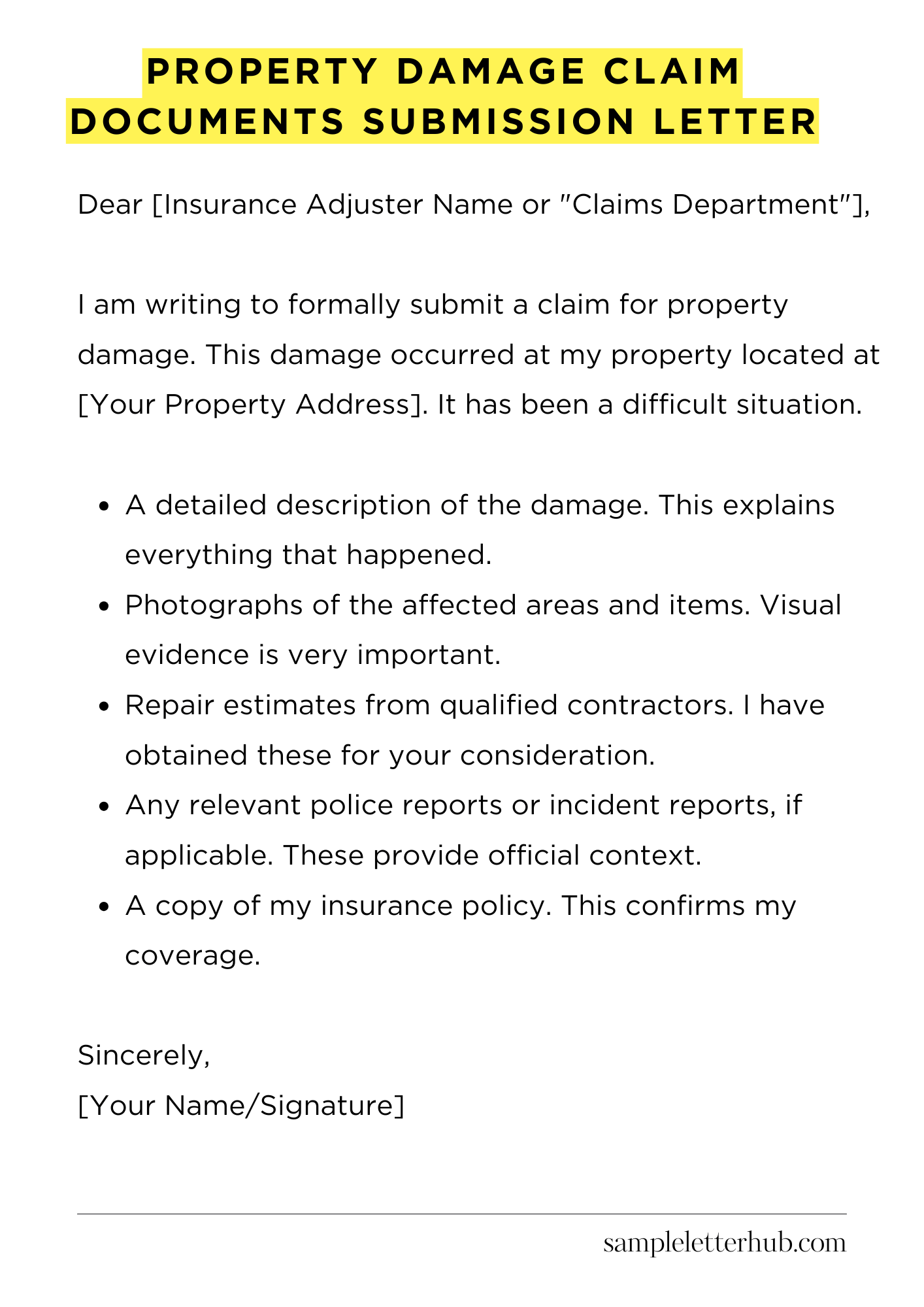 Property Damage Claim Documents Submission Letter