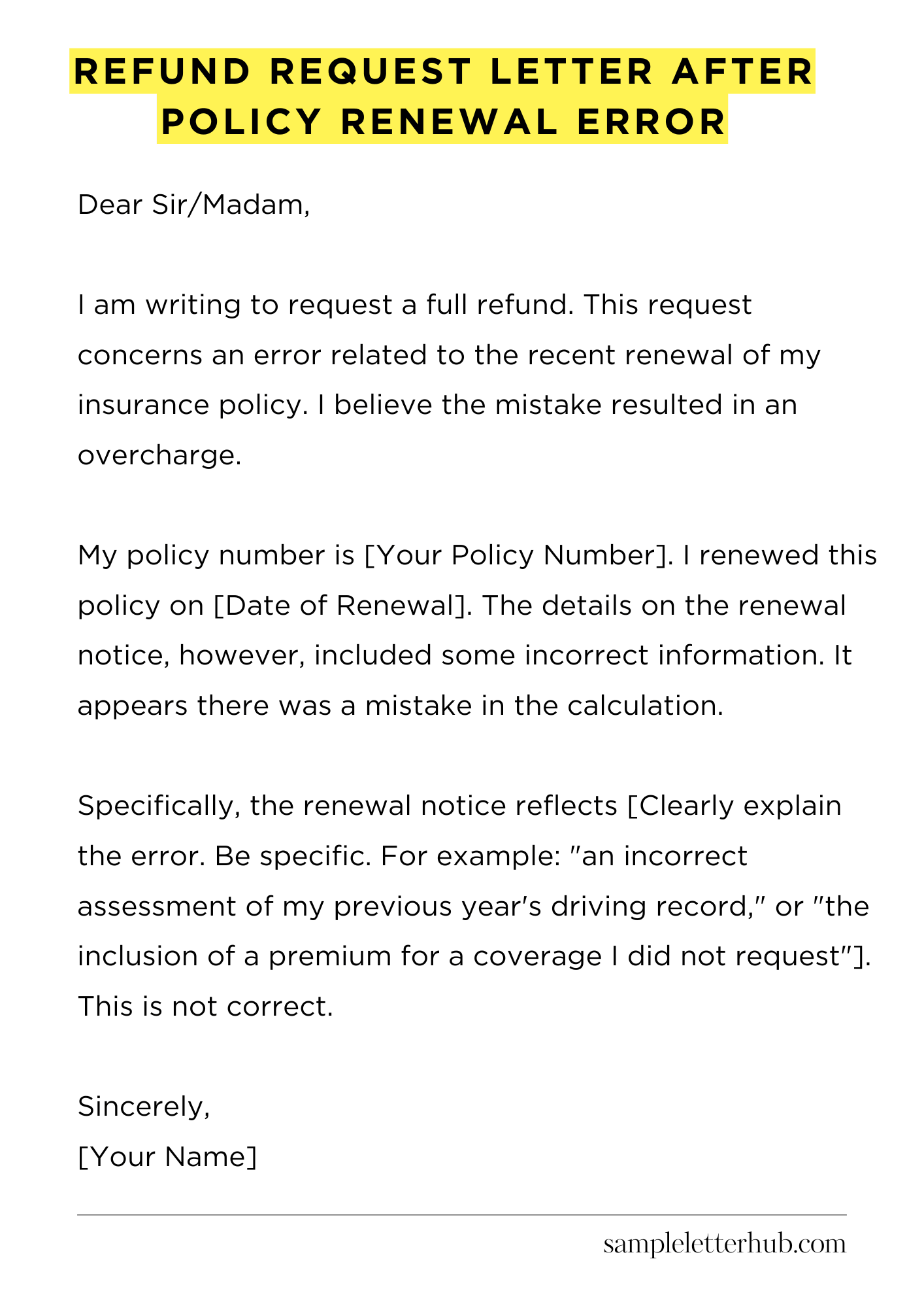 Refund Request Letter After Policy Renewal Error