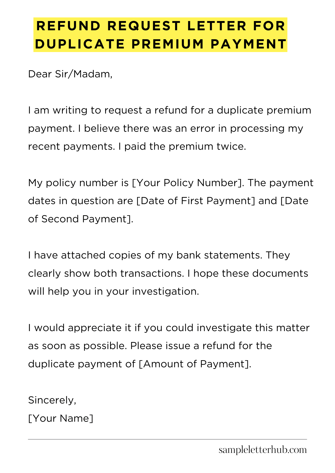 Refund Request Letter for Duplicate Premium Payment