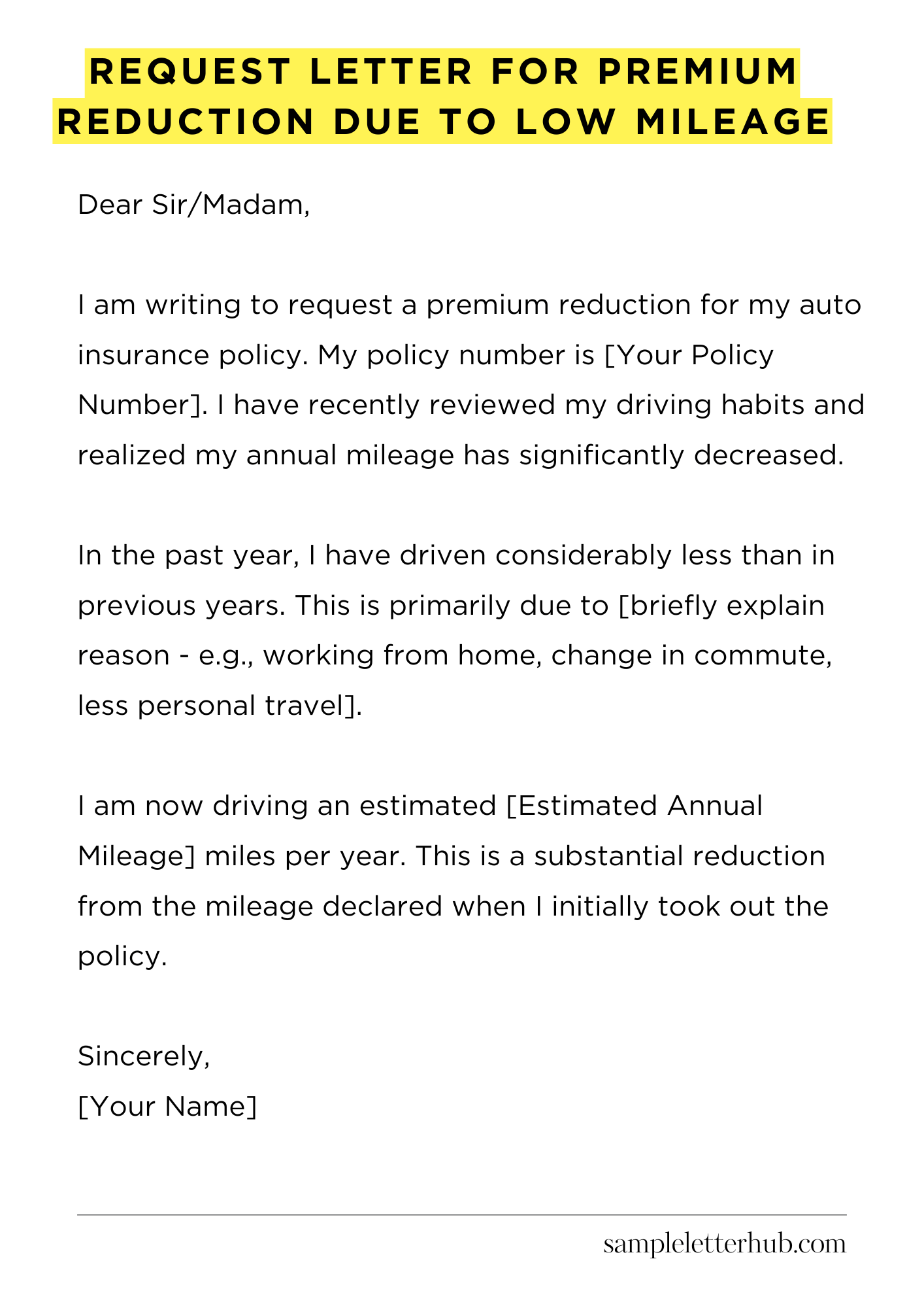 Request Letter for Premium Reduction Due to Low Mileage