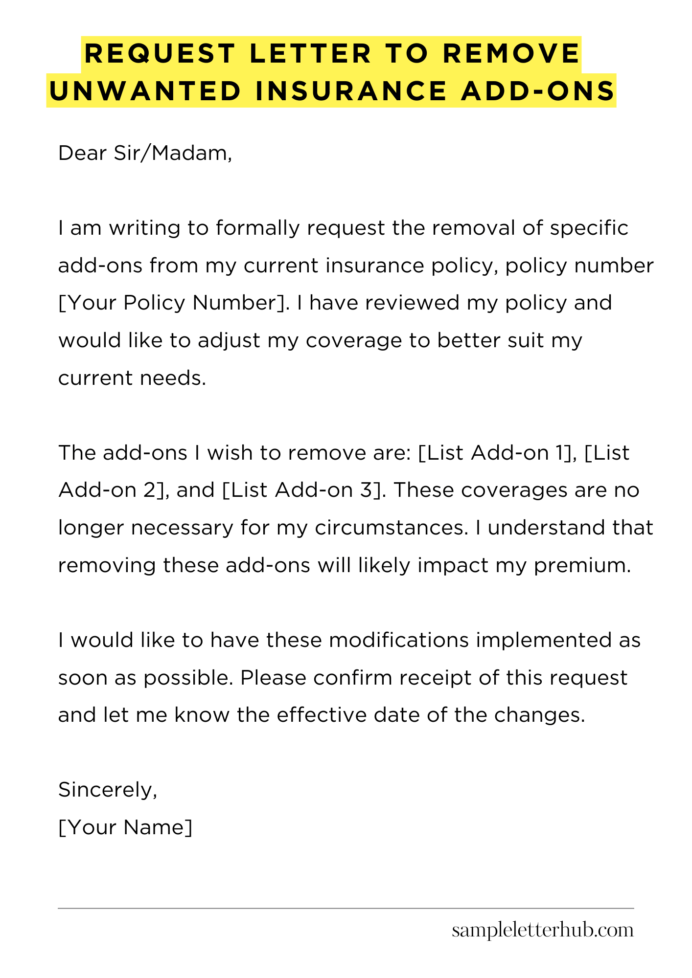 Request Letter to Remove Unwanted Insurance Add-Ons