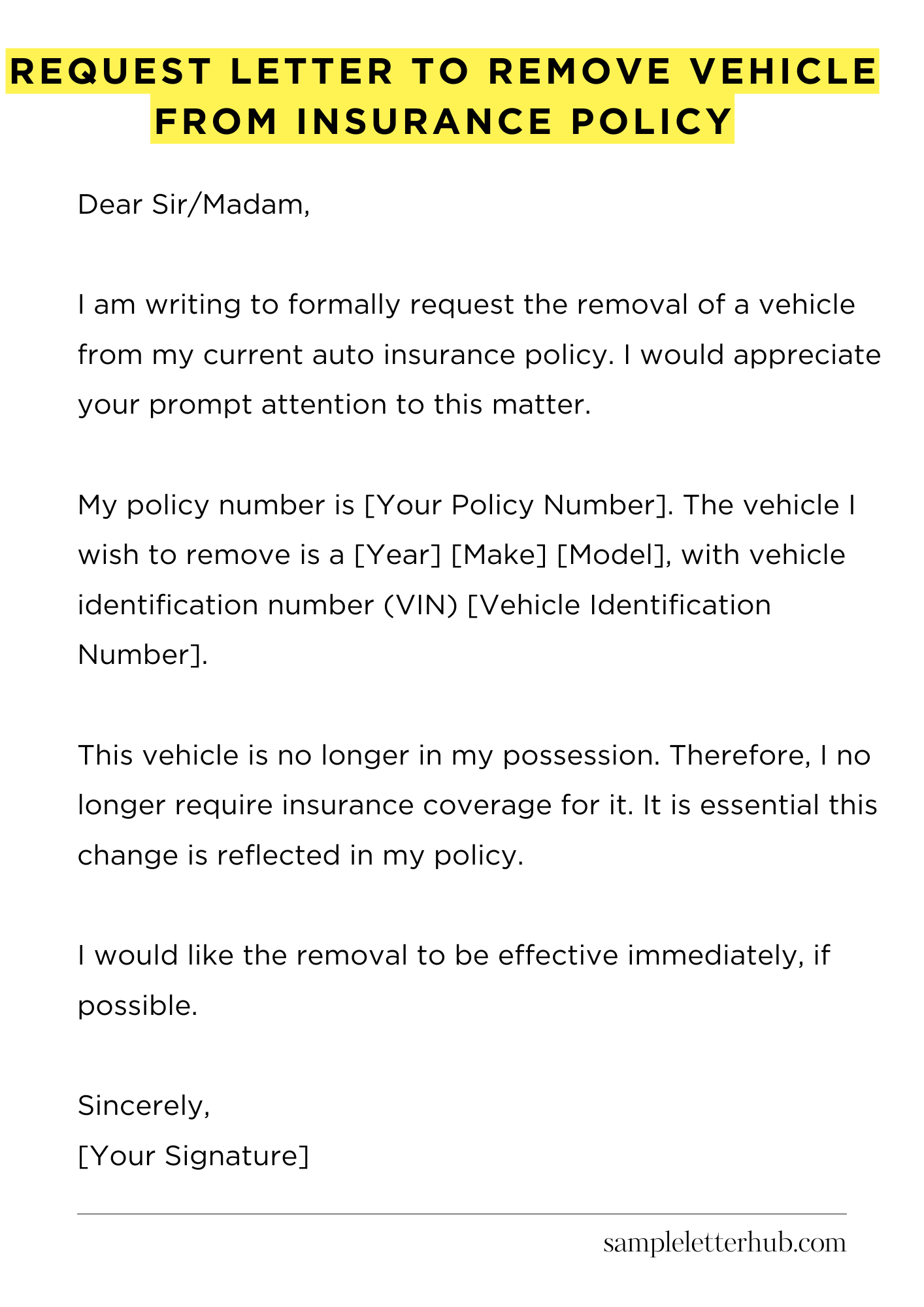 Request Letter to Remove Vehicle from Insurance Policy