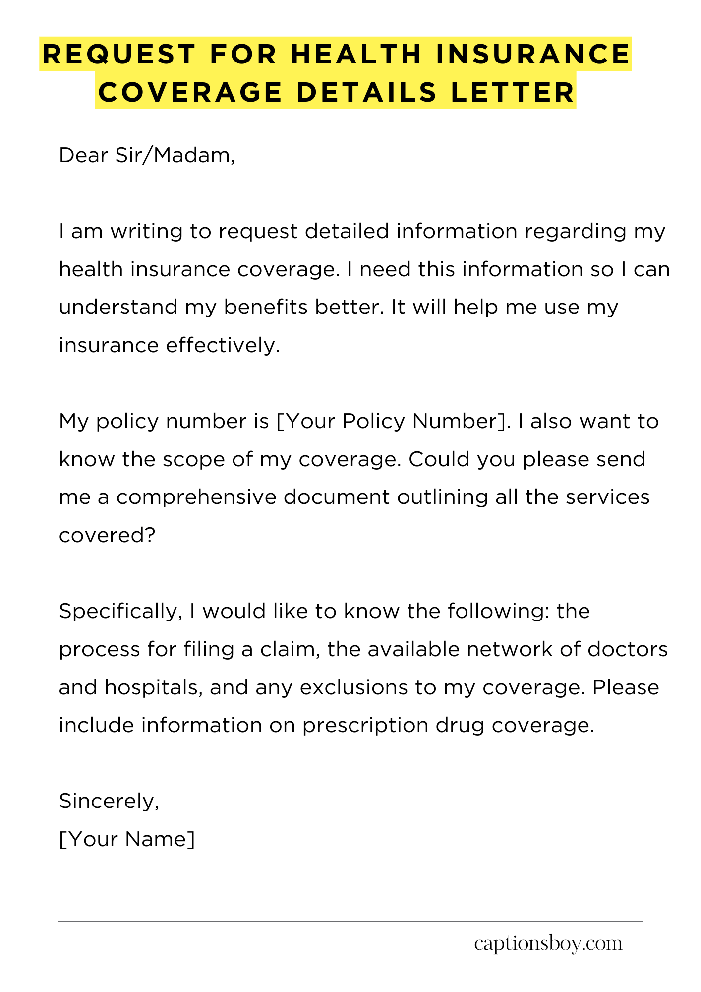 Request for Health Insurance Coverage Details Letter