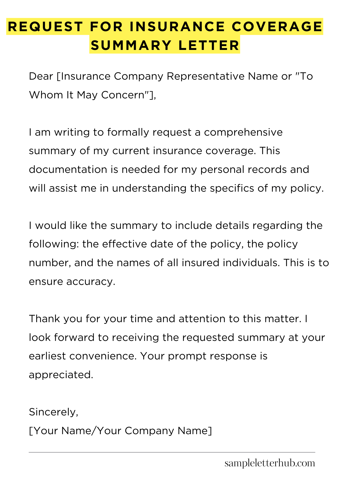 Request for Insurance Coverage Summary Letter