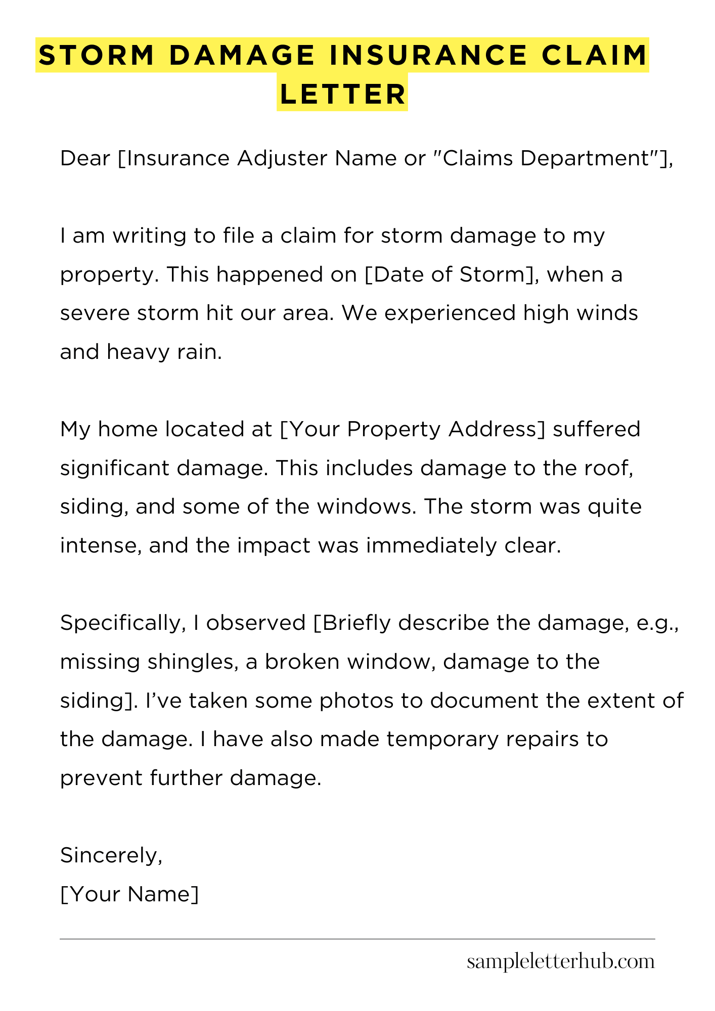Storm Damage Insurance Claim Letter