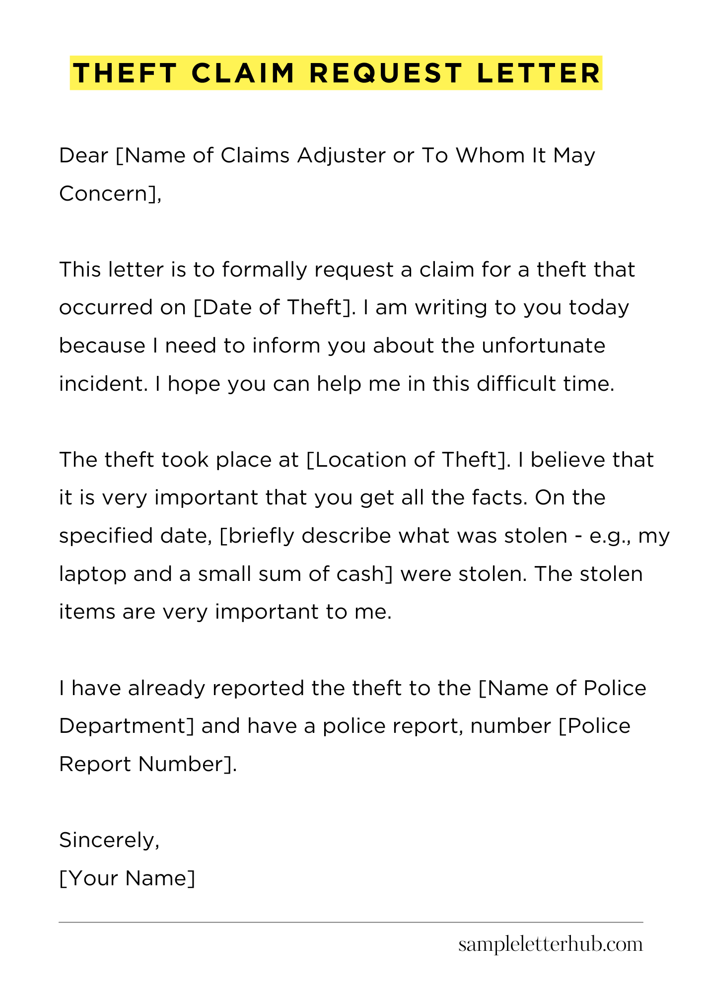 Theft Claim Request Letter