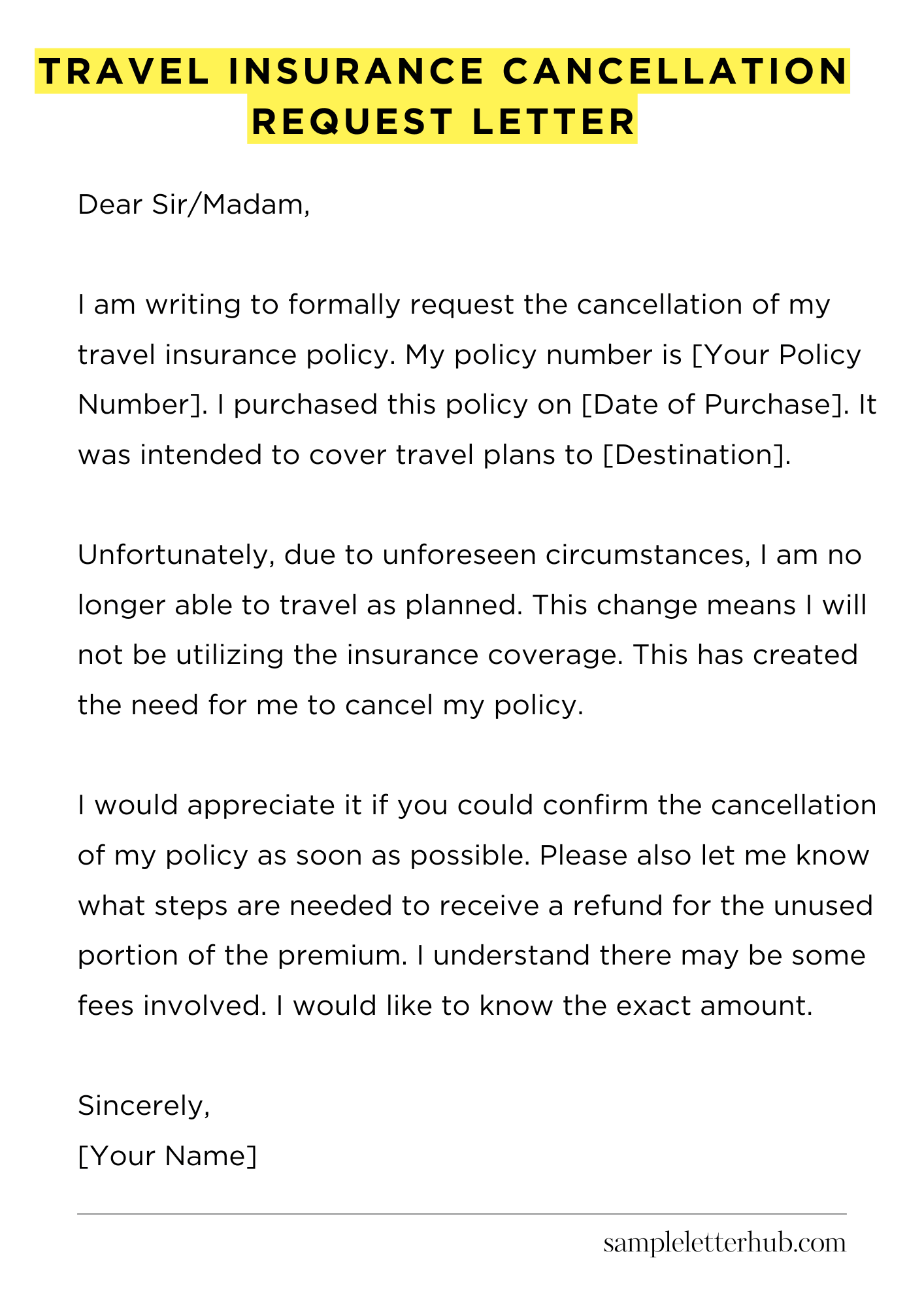 Travel Insurance Cancellation Request Letter