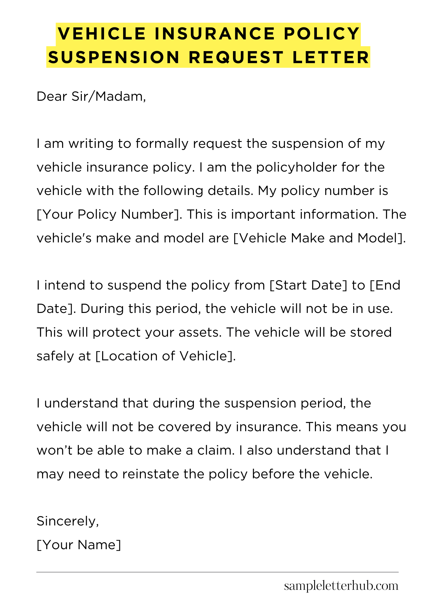 Vehicle Insurance Policy Suspension Request Letter