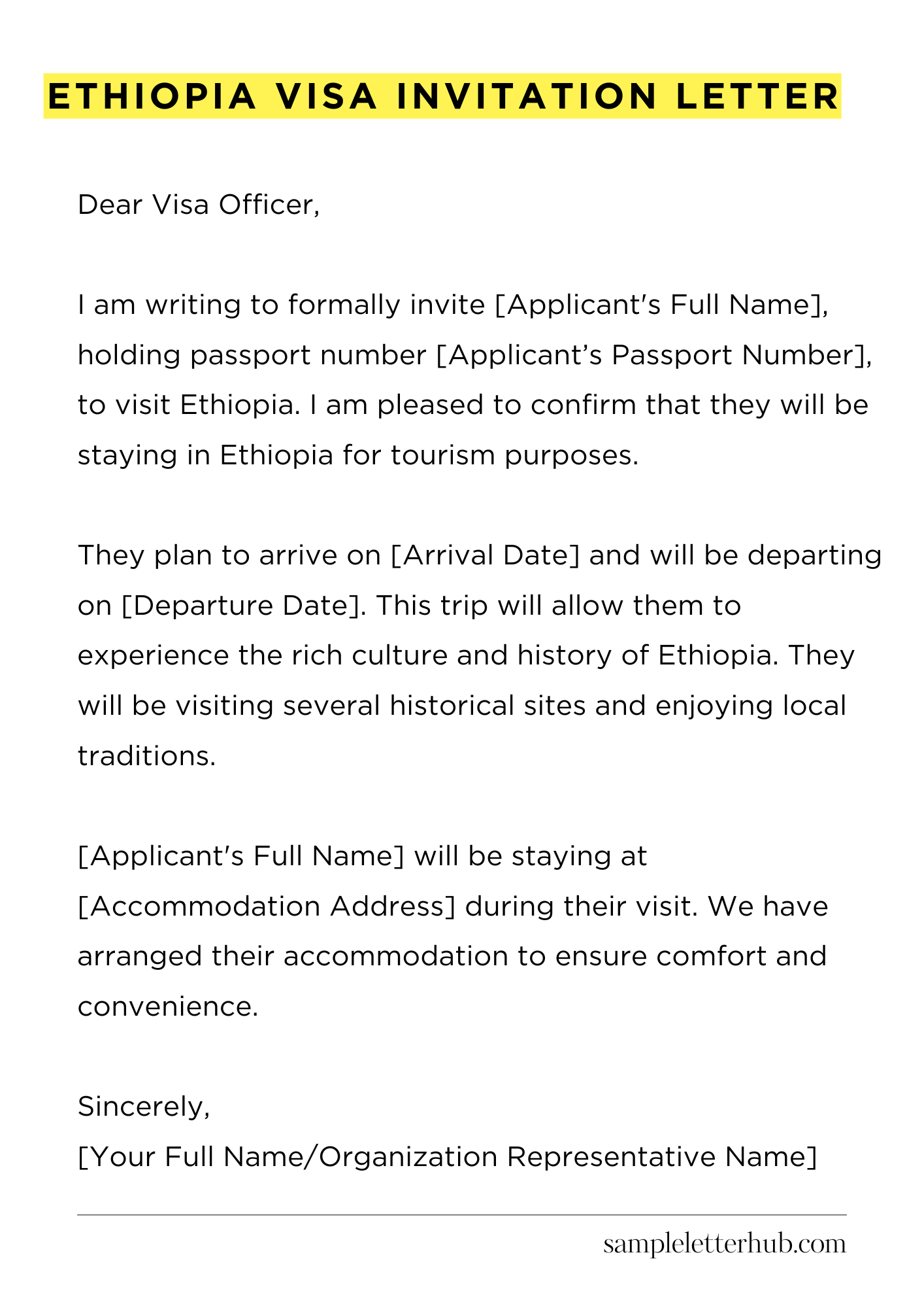 Ethiopia Visa Invitation Letter