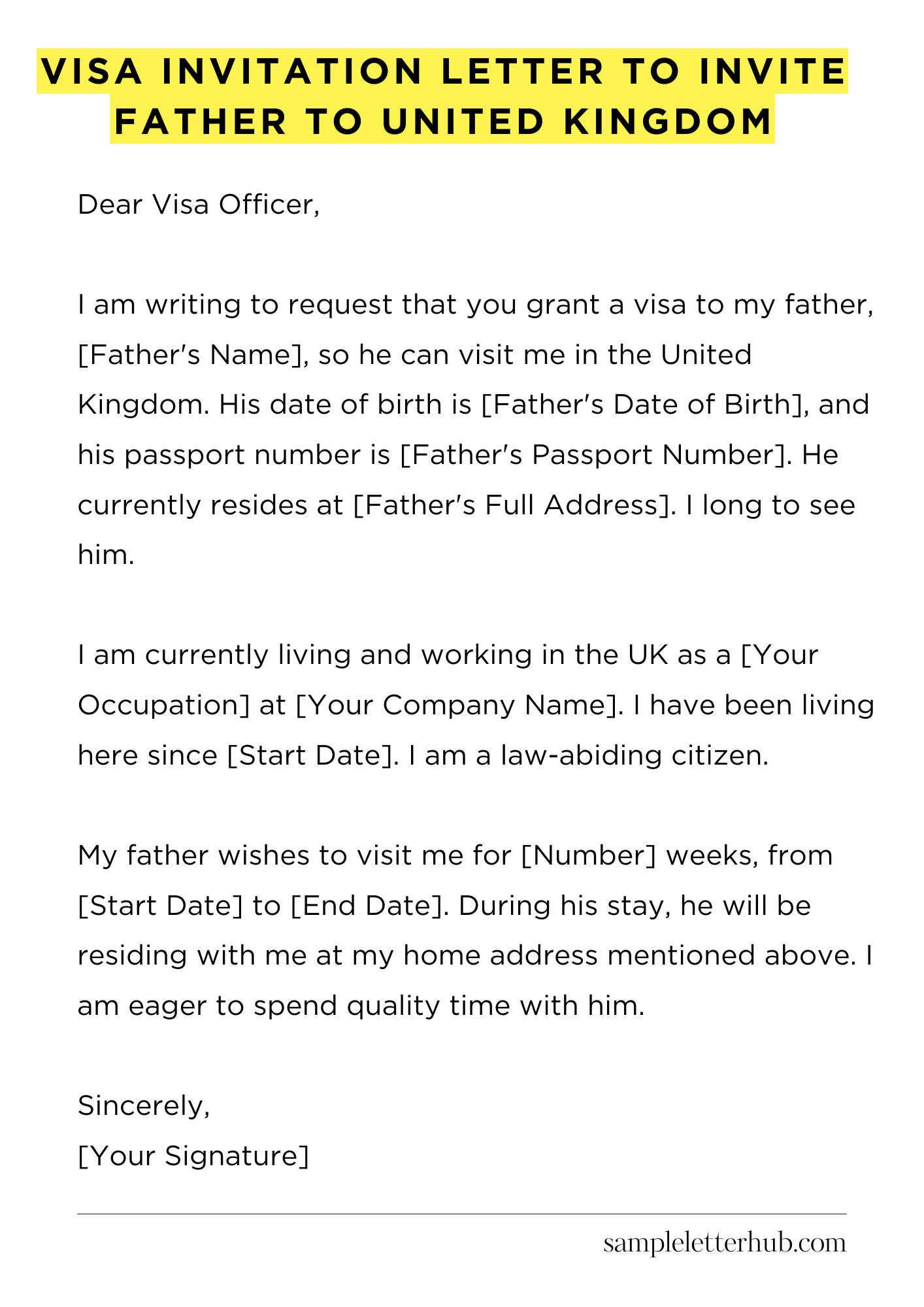 Visa Invitation Letter to Invite Father to United Kingdom