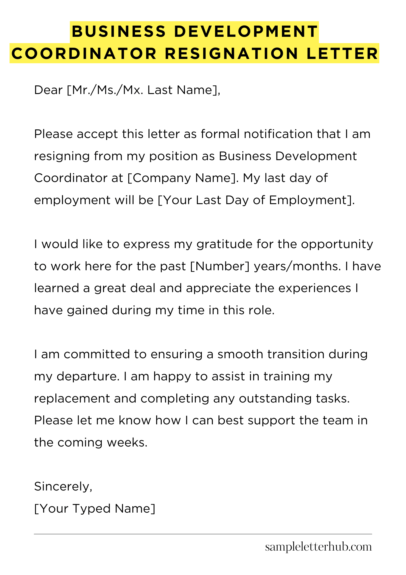 Business Development Coordinator Resignation Letter