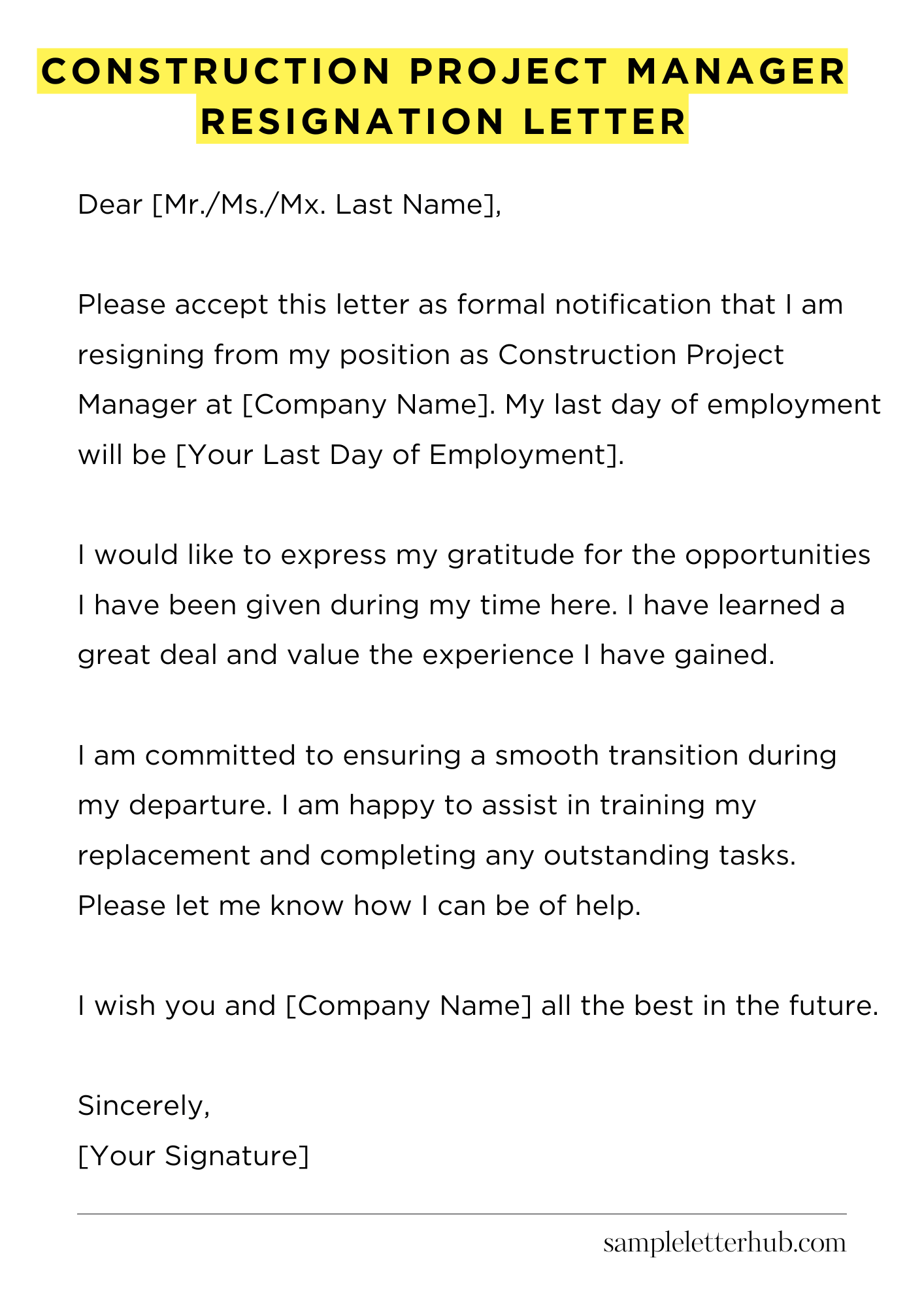 Construction Project Manager Resignation Letter