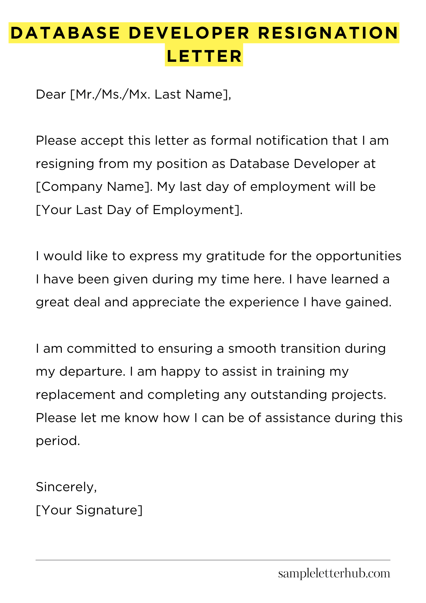 Database Developer Resignation Letter
