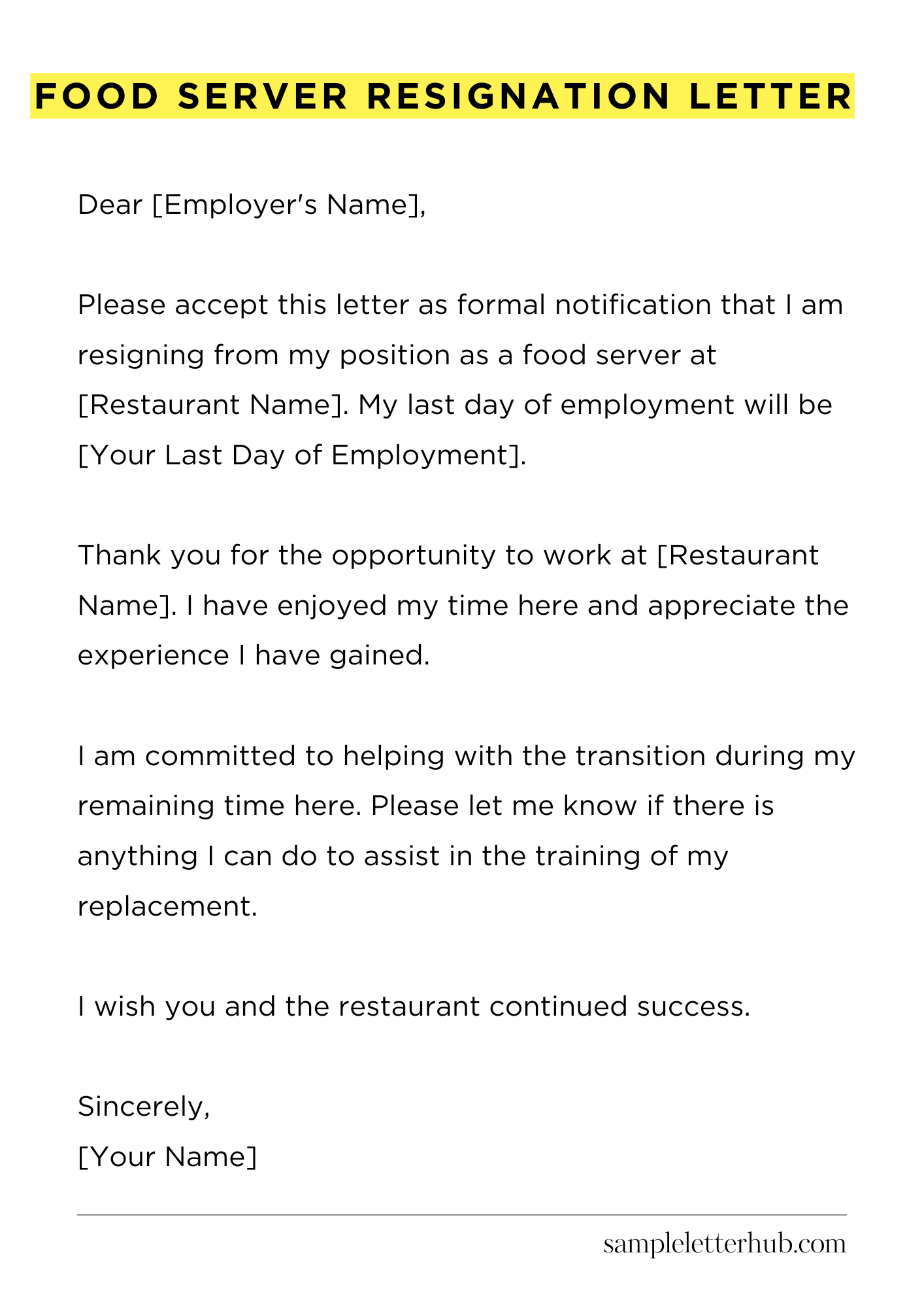 Food Server Resignation Letter