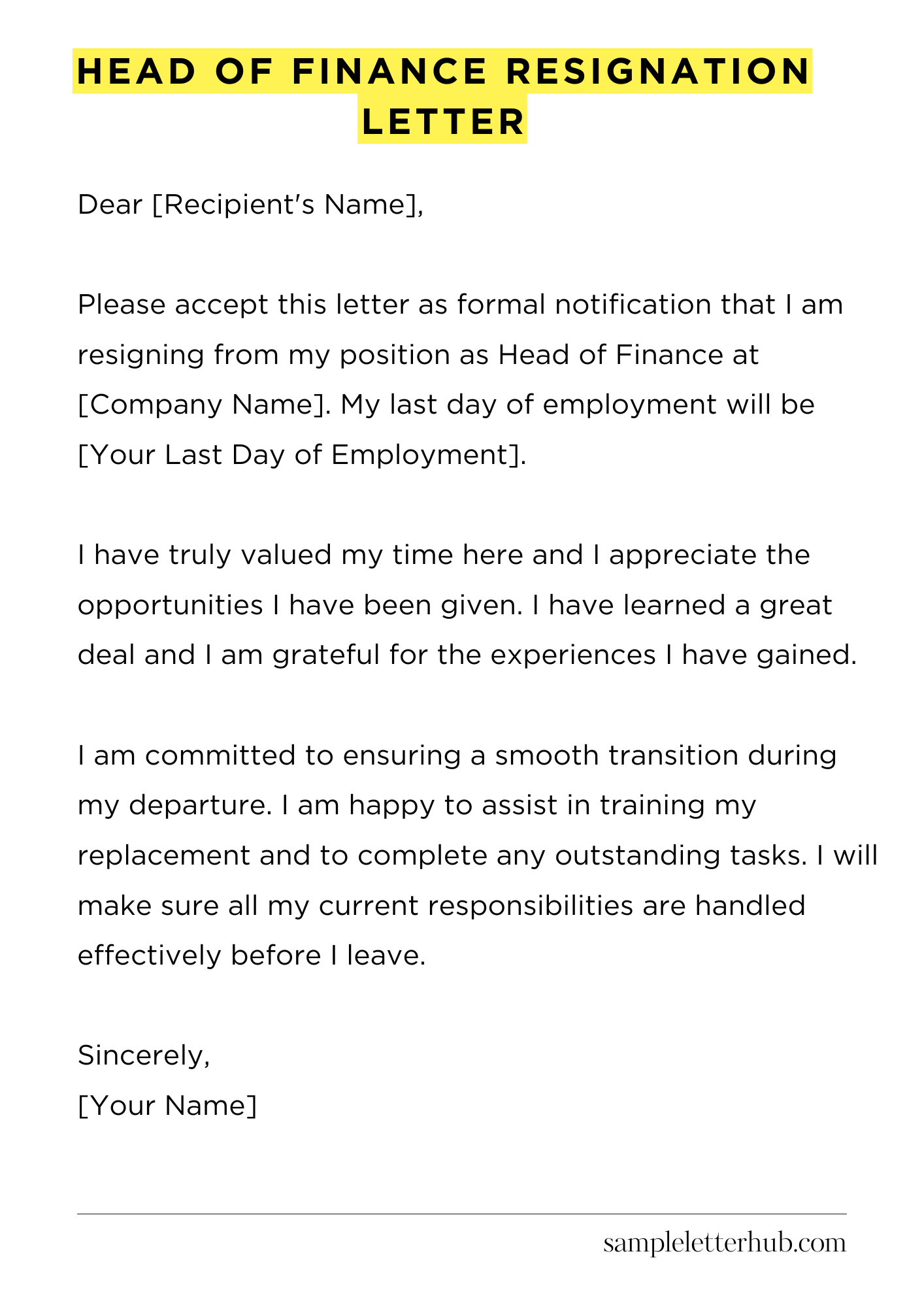 Head Of Finance Resignation Letter