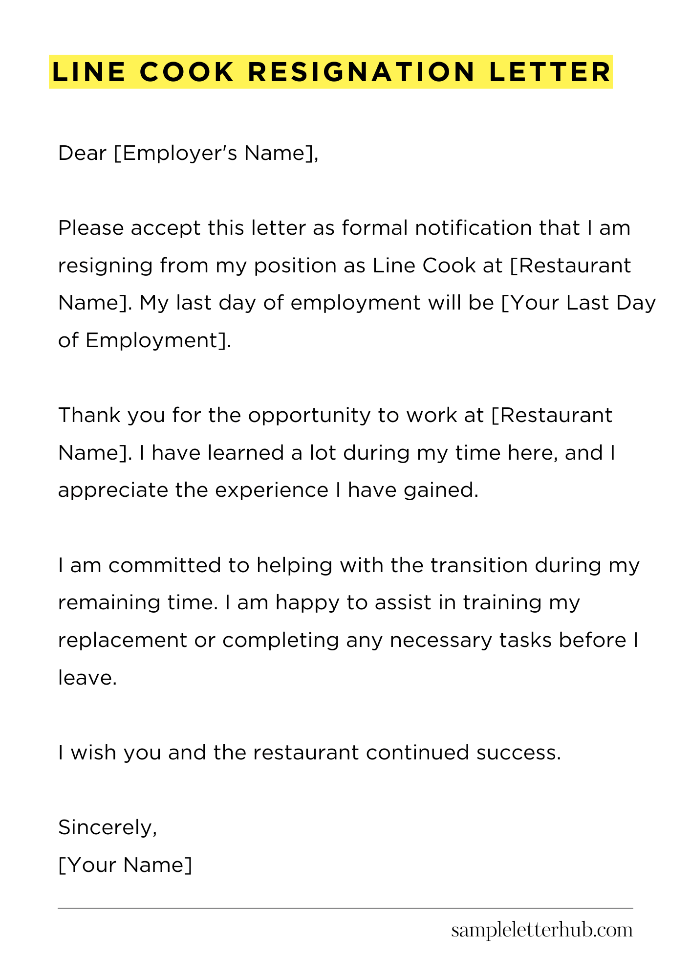 Line Cook Resignation Letter