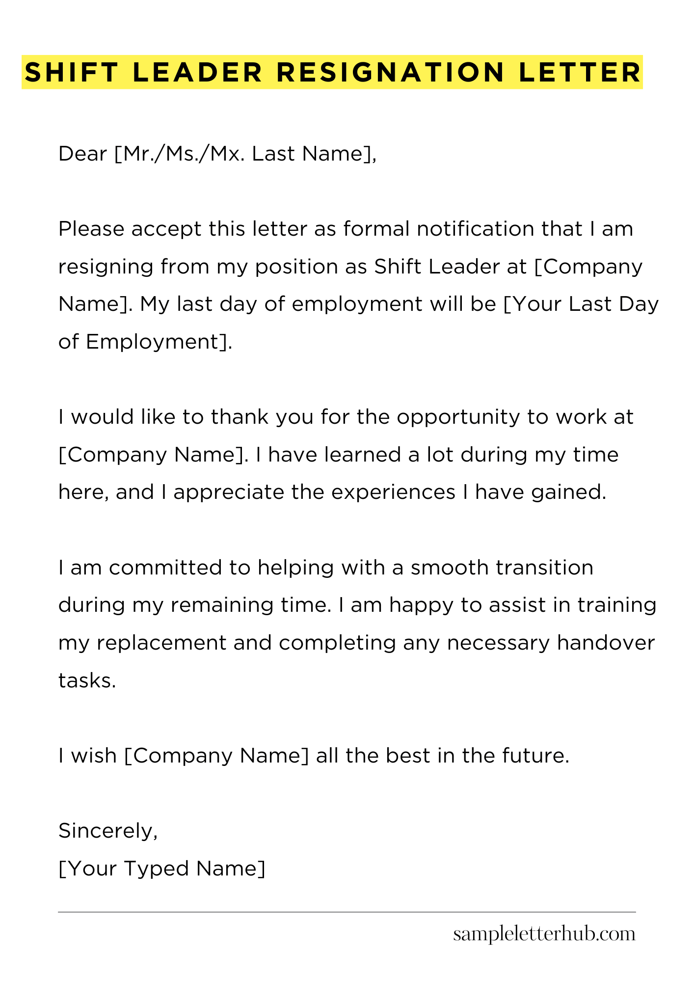 Shift Leader Resignation Letter