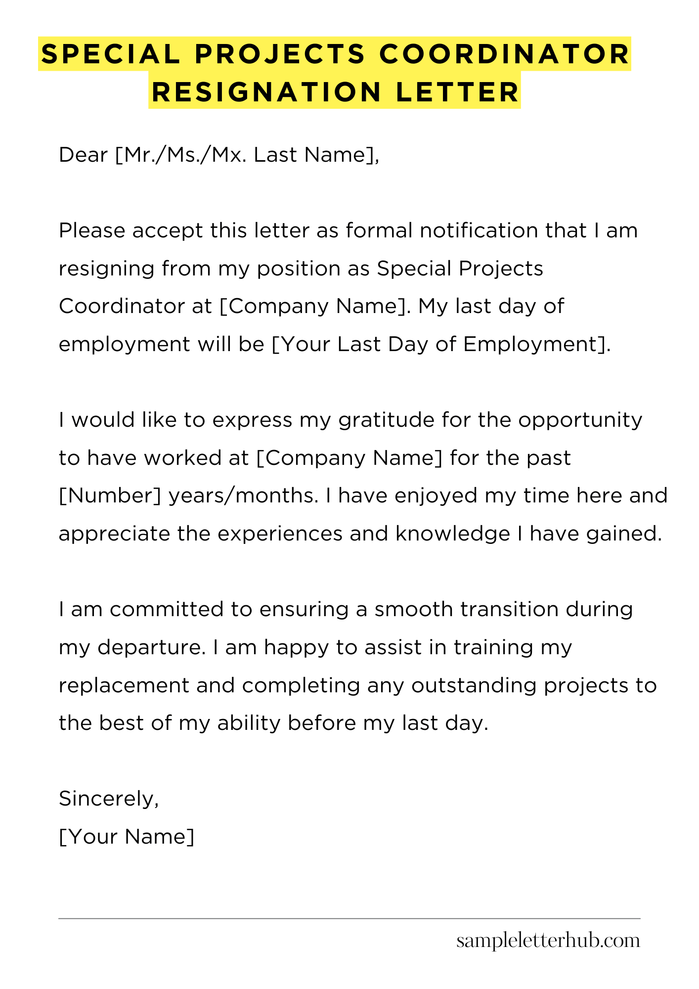 Special Projects Coordinator Resignation Letter