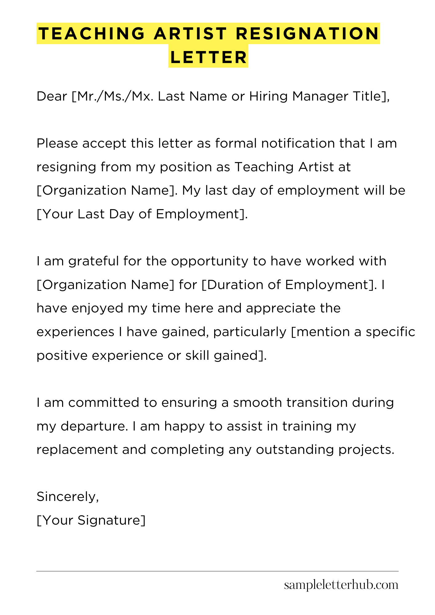 Teaching Artist Resignation Letter