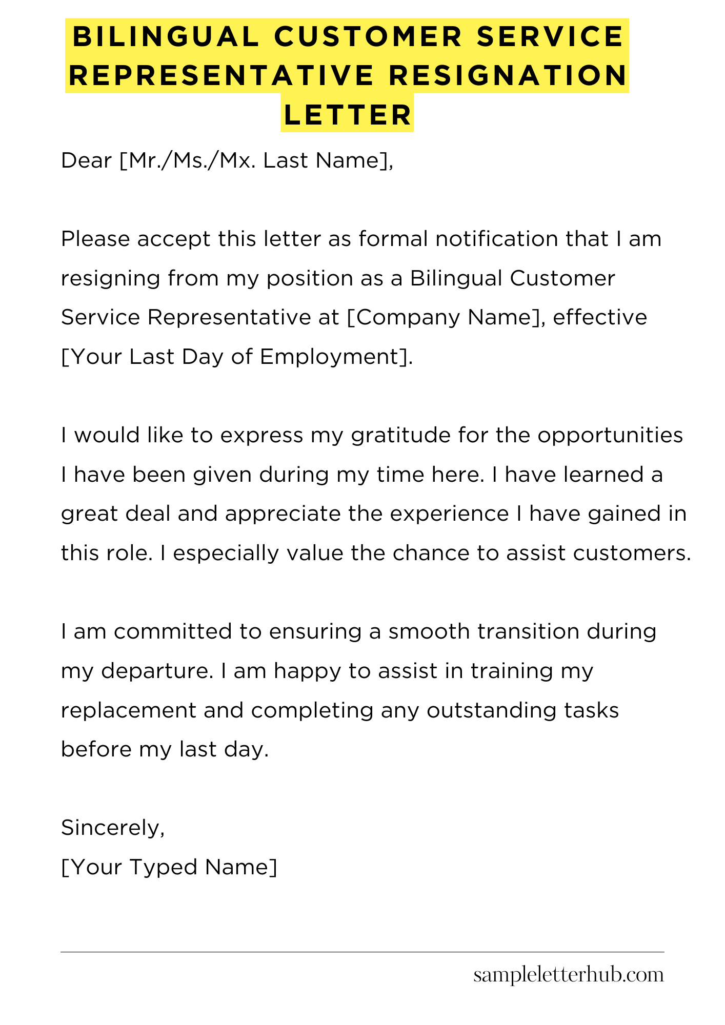 Bilingual Customer Service Representative Resignation Letter