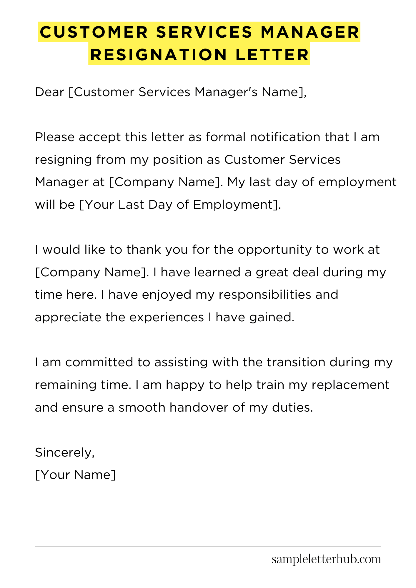 Customer Services Manager Resignation Letter