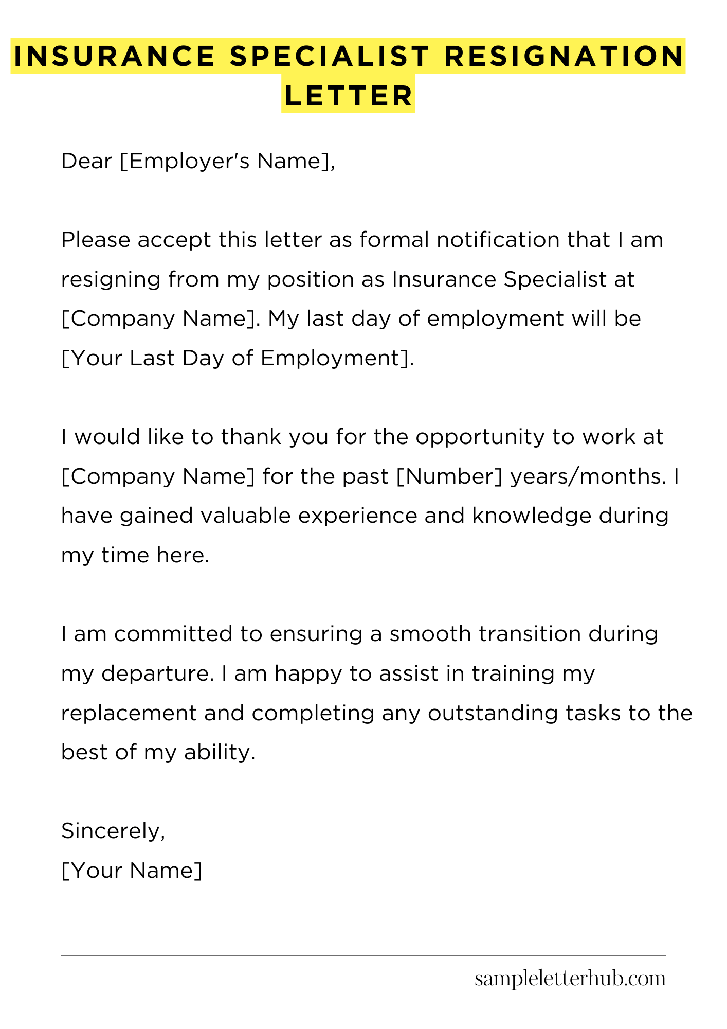 Insurance Specialist Resignation Letter